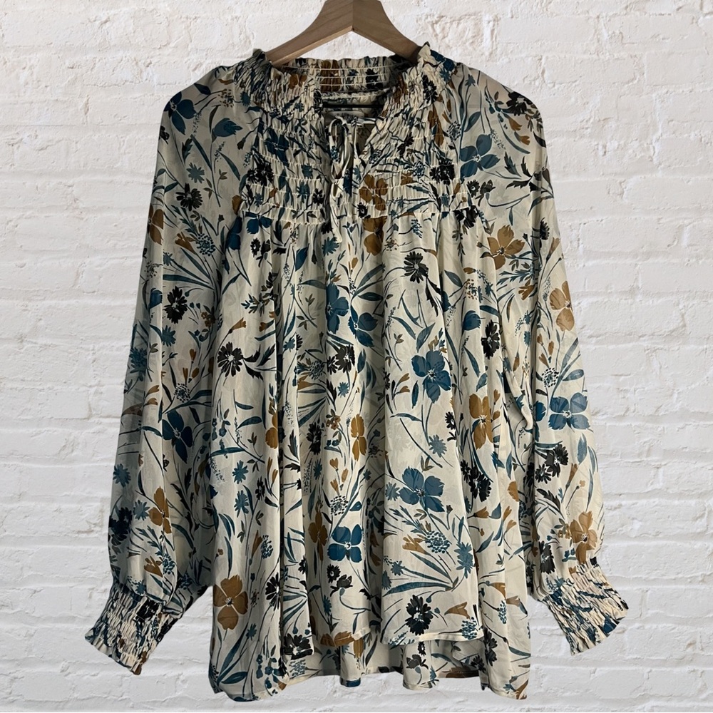 Style & Co Floral Print Long Sleeve Blouse with Smocked Neckline, Size M